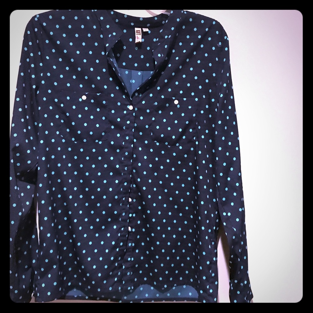 Blue blouse with green polka dots